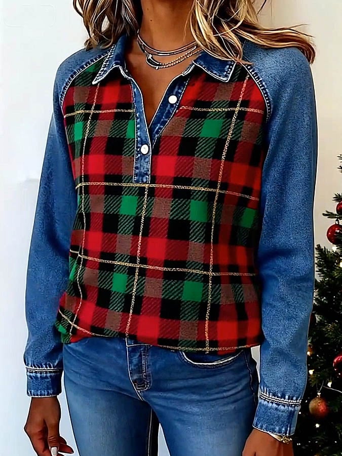 Women's Casual Christmas Contrast Color Panel Plaid Top - Image 3
