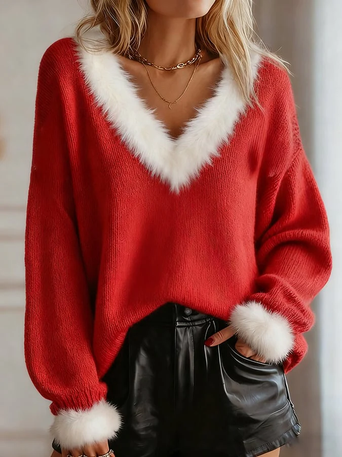Women's casual Christmas fur collar knitted top
