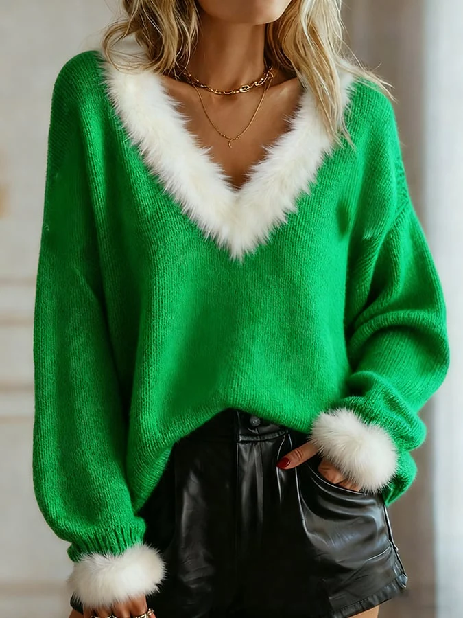 Women's casual Christmas fur collar knitted top - Image 3