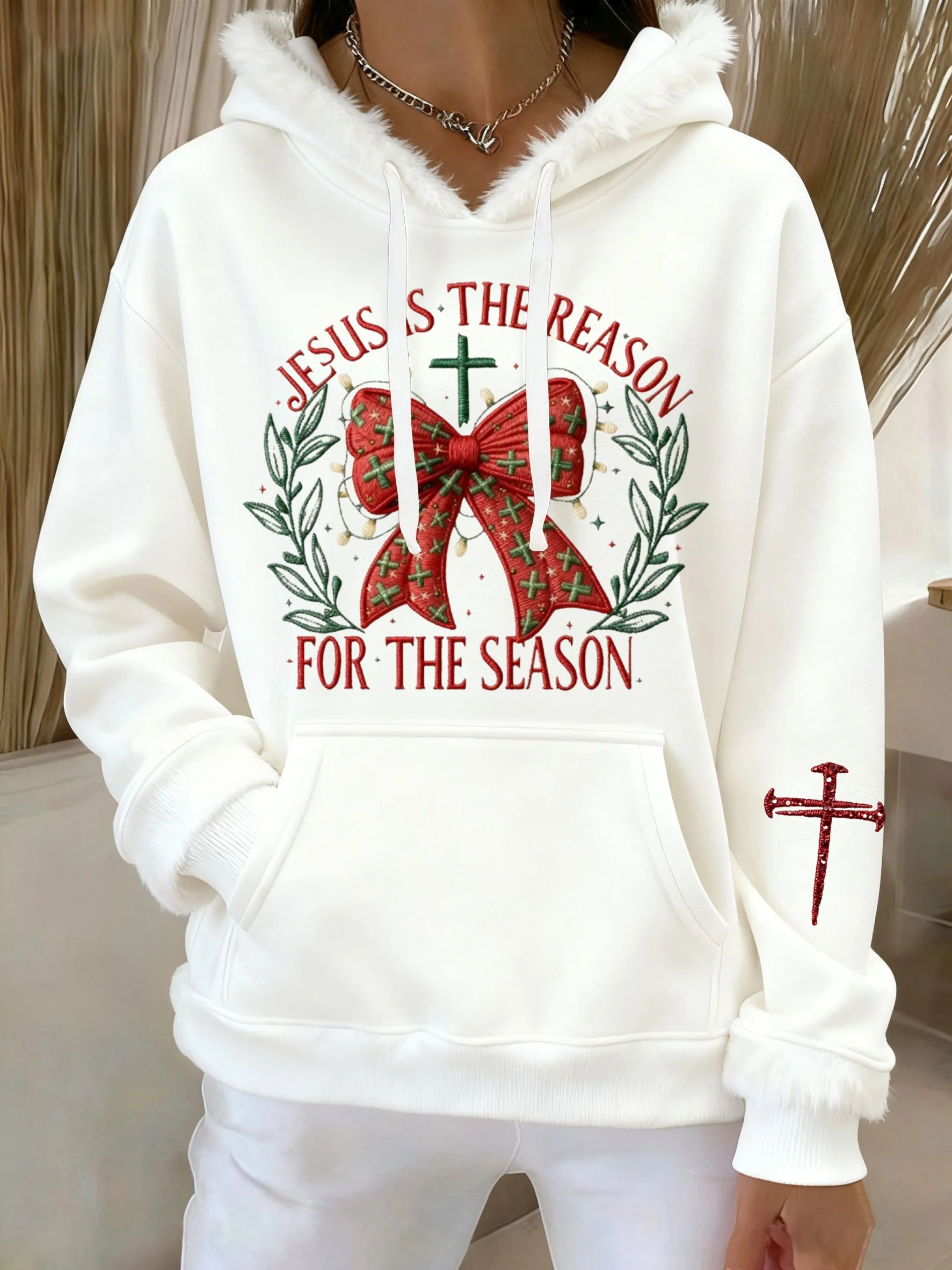 Women's Casual Christmas JESUS IS THE REASON FOR THE SEASON Plush Hoodie - Image 4