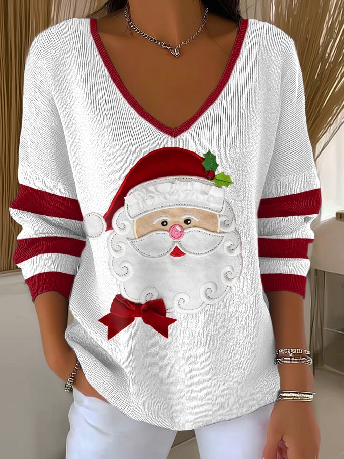 Women's casual Christmas knitted V-neck top - Image 2