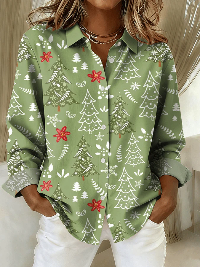 Women's Casual Christmas Print Lapel Long Sleeve Shirt