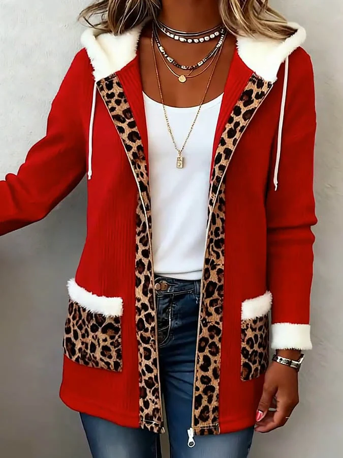 Women's Casual Christmas Spliced Leopard Print Contrast Jacket - Image 2