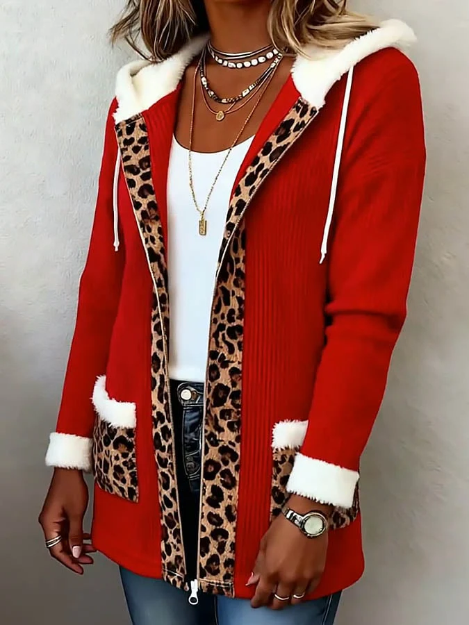 Women's Casual Christmas Spliced Leopard Print Contrast Jacket - Image 3