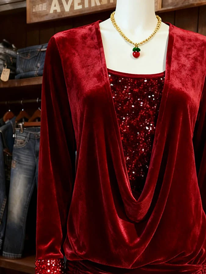 Women's Casual Christmas Splicing Contrast Color Mock Two-Piece Top - Image 2