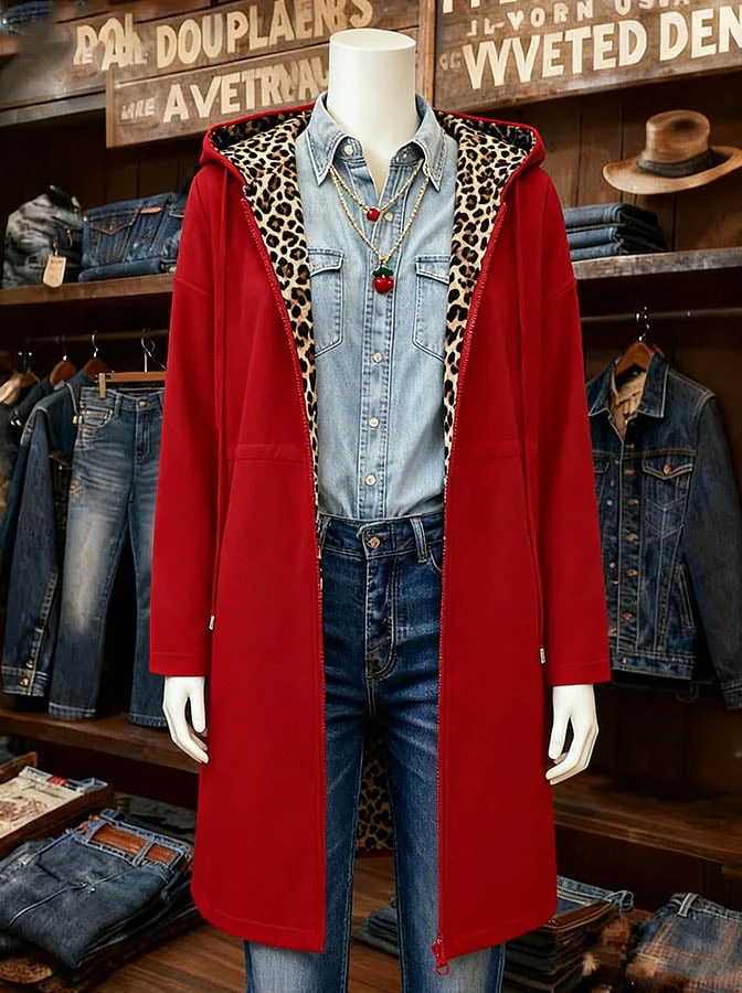 Women's Casual Christmas Splicing Leopard Print Contrast Double-Sided Jacket