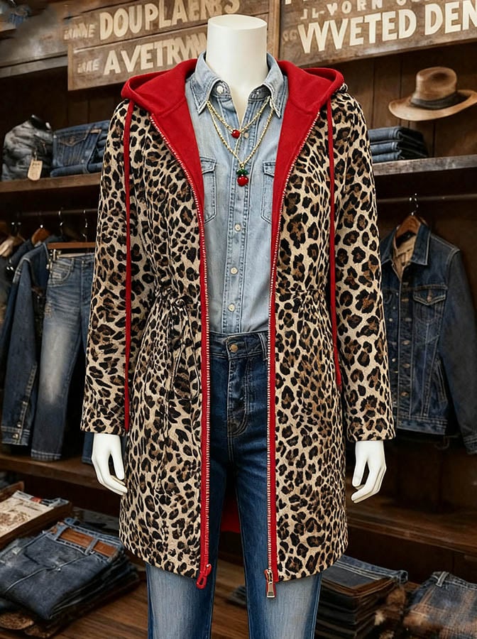 Women's Casual Christmas Splicing Leopard Print Contrast Double-Sided Jacket - Image 2