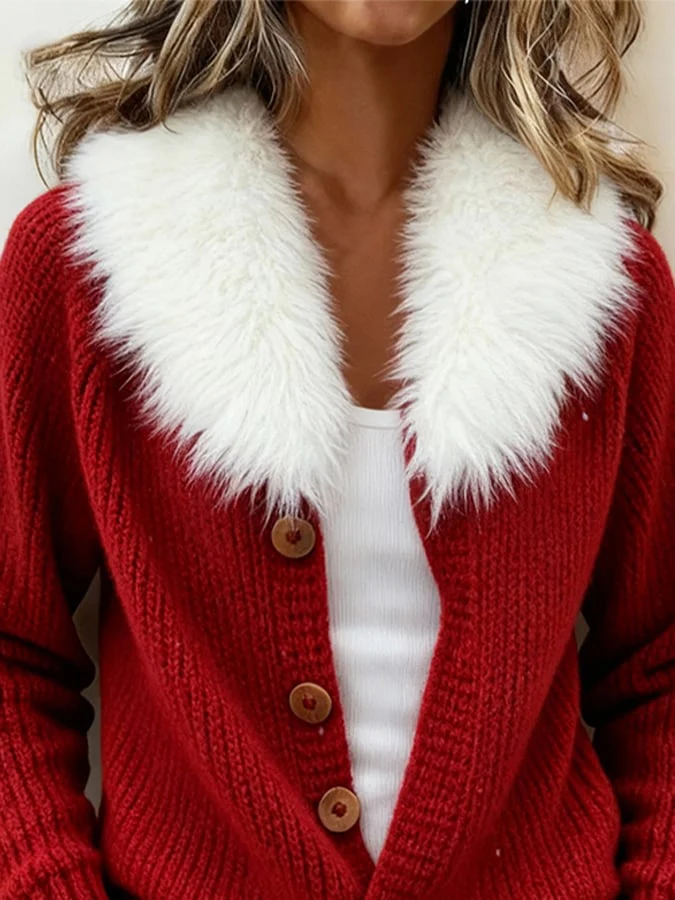 Women'S Casual Color-Blocked Knit Sweater With Fur Collar - Image 2