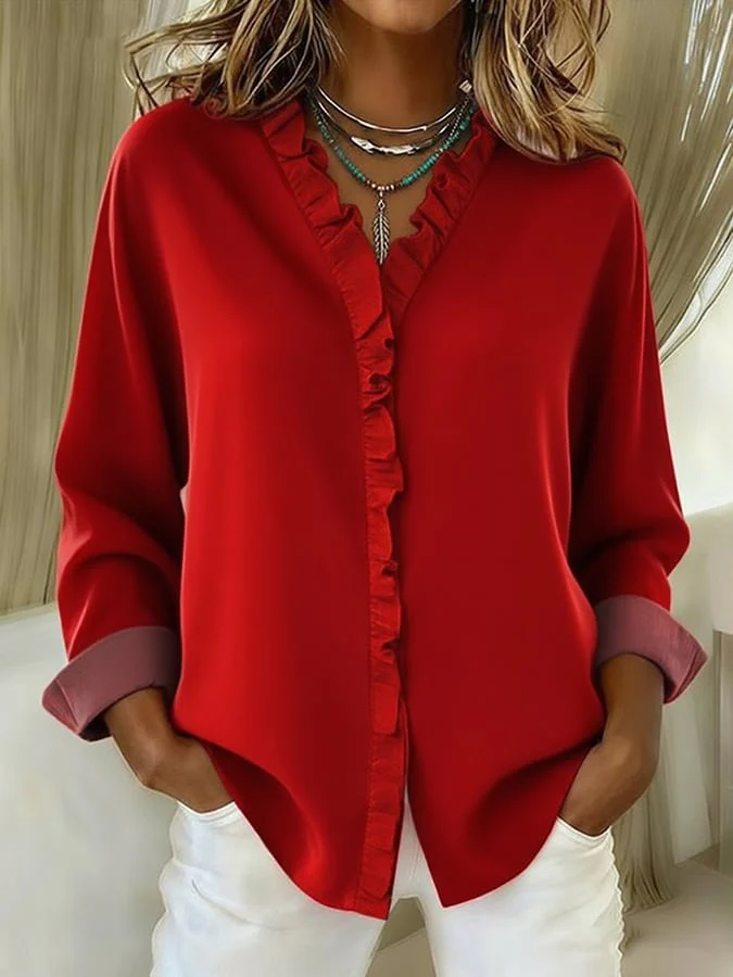 Women's Casual Cotton And Linen Ruffle Shirt