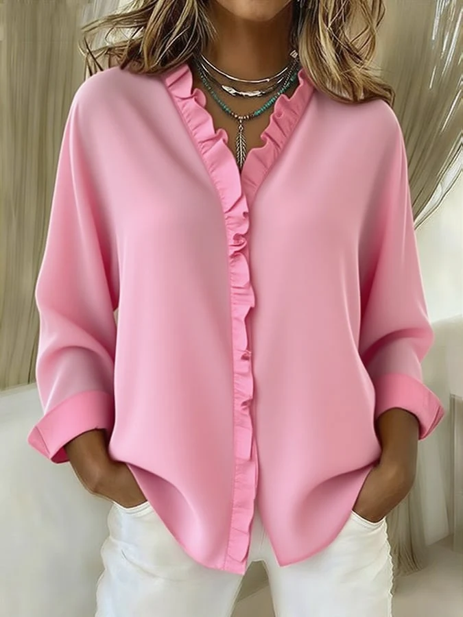 Women's Casual Cotton And Linen Ruffle Shirt - Image 3