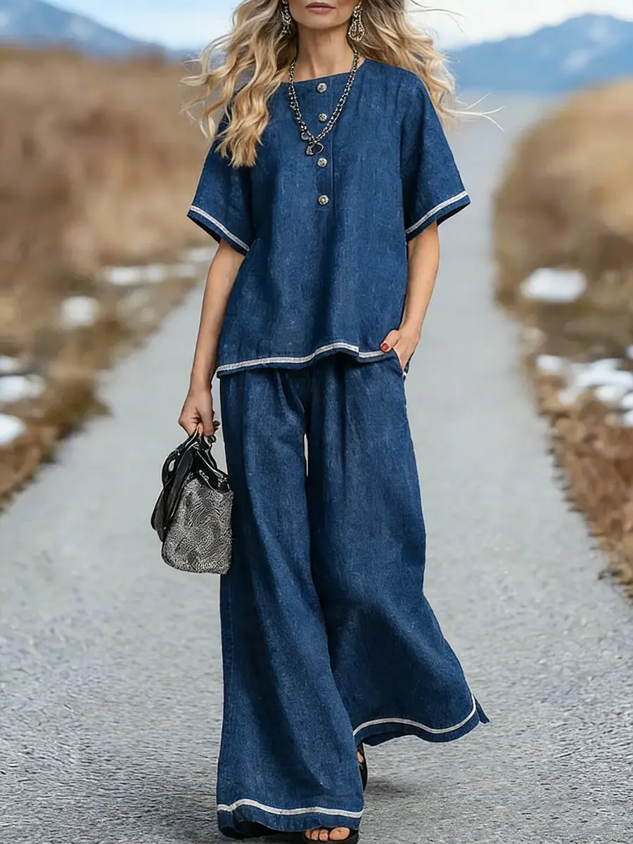 Women's Casual Crew Short-sleeved Denim Shirt and Wide-Leg Denim Pants Set