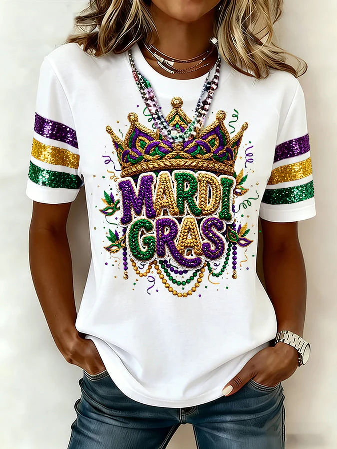 [Christmas Gifts]Women's Casual Fashion Mardi Gras  Print T-Shirt