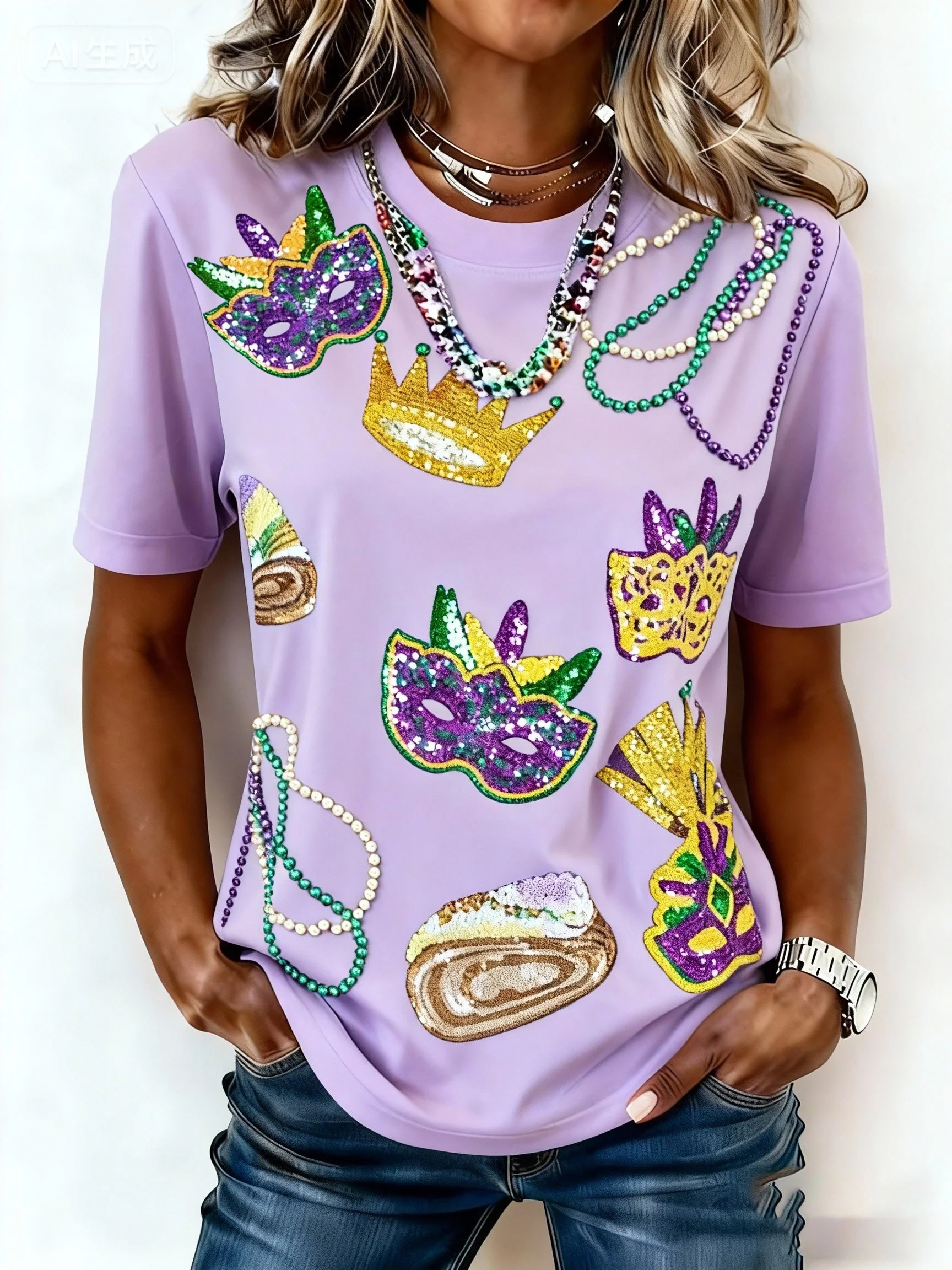 Women's casual fashion Mardi Gras print T-shirt - Image 2