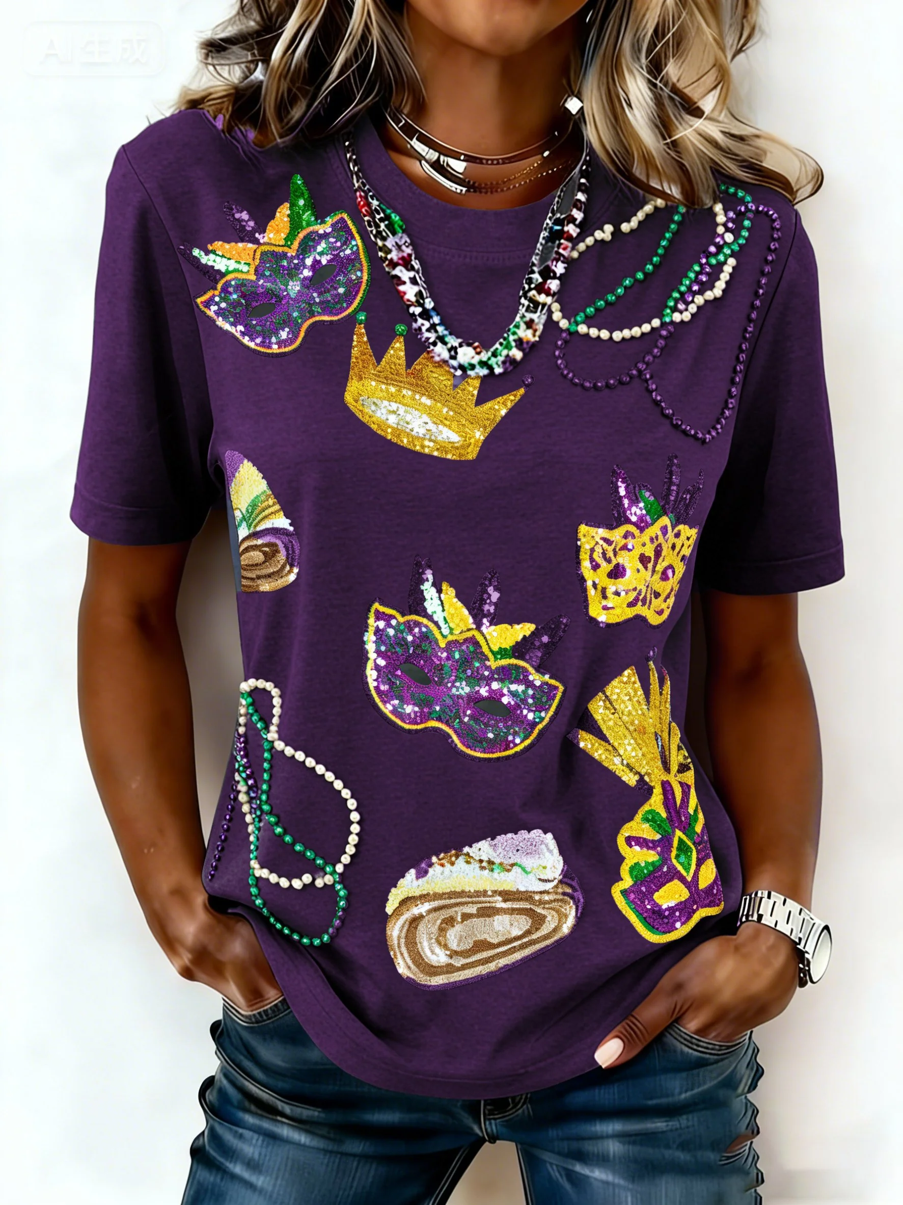 Women's casual fashion Mardi Gras print T-shirt - Image 4