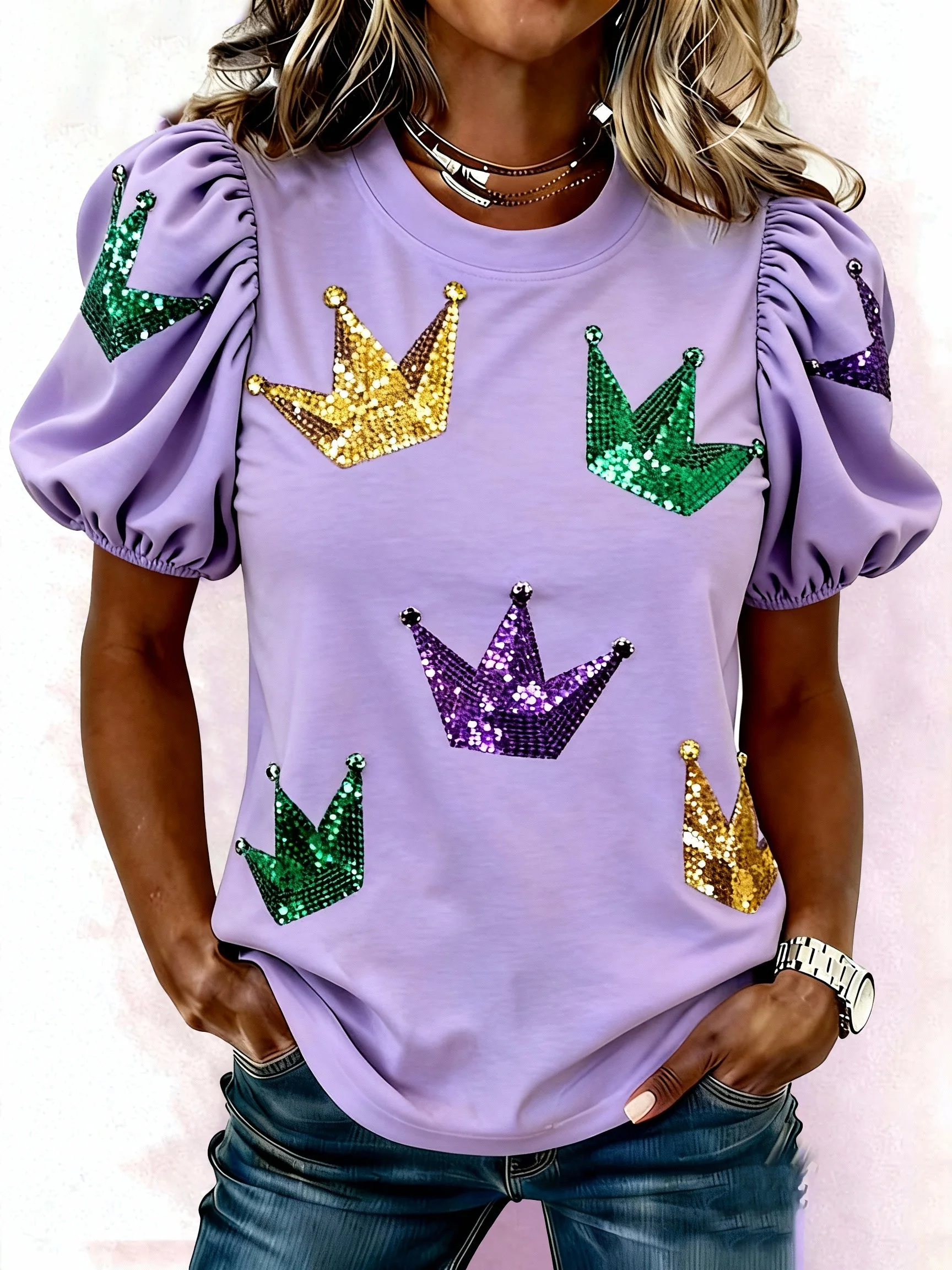 Women's Casual Fashion Mardi Gras Puff-Sleeve T-Shirt
