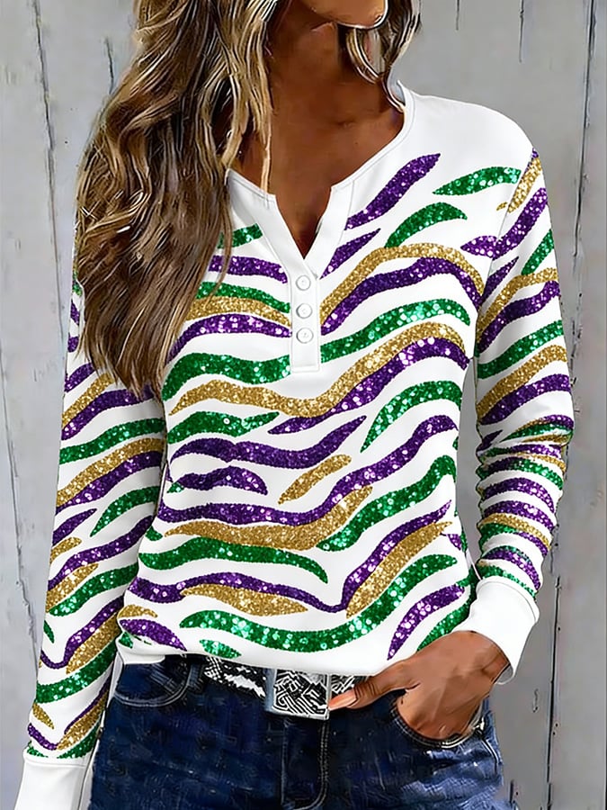 Women's Casual Fashion Mardi Gras Tiger Print Button-Down Base Layer Top