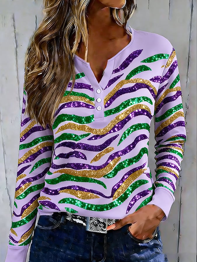 Women's Casual Fashion Mardi Gras Tiger Print Button-Down Base Layer Top - Image 2