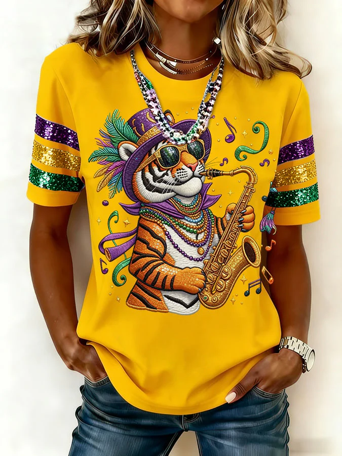 Women's casual fashion Mardi Gras tiger print T-shirt
