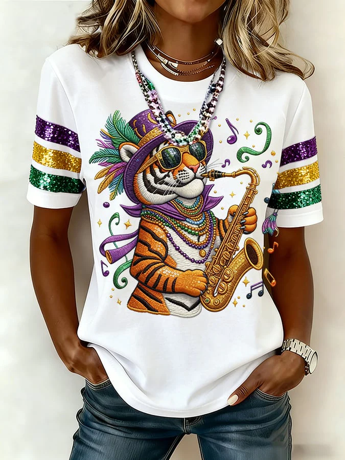 Women's casual fashion Mardi Gras tiger print T-shirt - Image 2