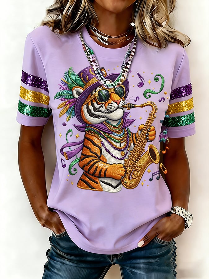 Women's casual fashion Mardi Gras tiger print T-shirt - Image 3