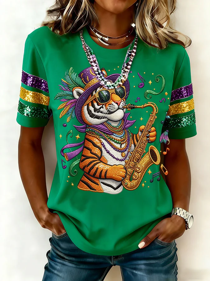 Women's casual fashion Mardi Gras tiger print T-shirt - Image 4
