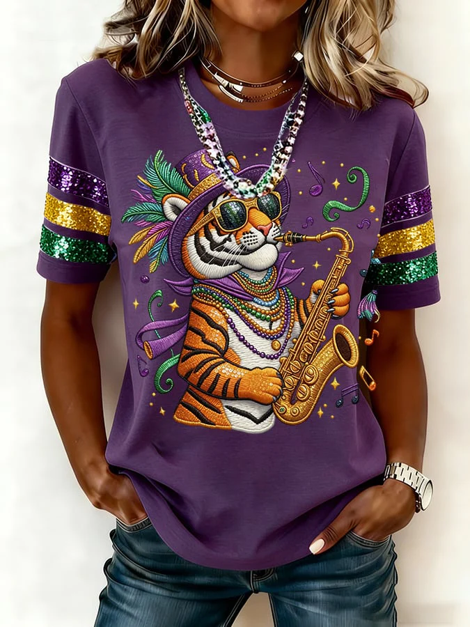 Women's casual fashion Mardi Gras tiger print T-shirt - Image 5