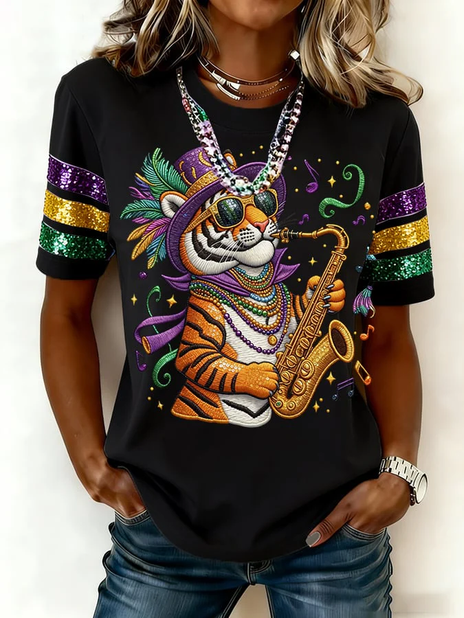 Women's casual fashion Mardi Gras tiger print T-shirt - Image 6