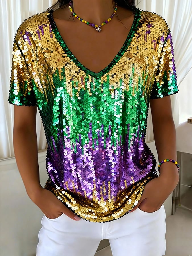 Women's casual gradient Mardi Gras T-shirt