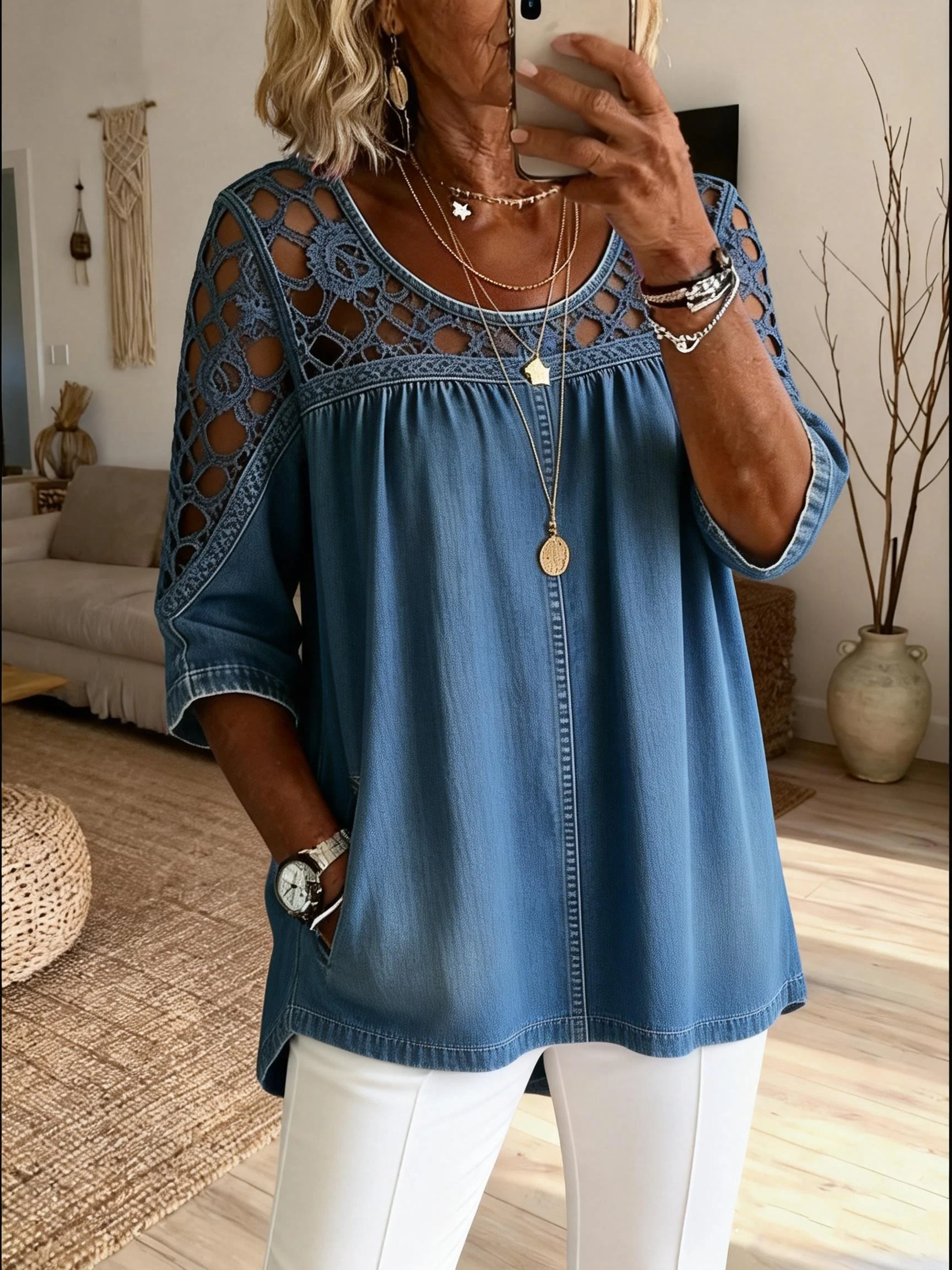 Women's Casual Hollow-out Washed Cotton Denim Top