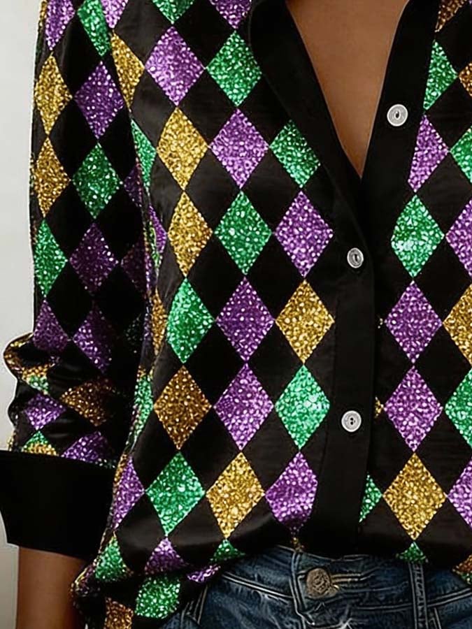 Women'S Casual Lapel Color-Block Printed Shirt - Image 3