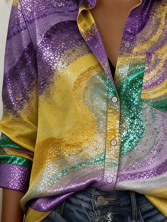 Women'S Casual Lapel Color-Block Printed Shirt - Image 3
