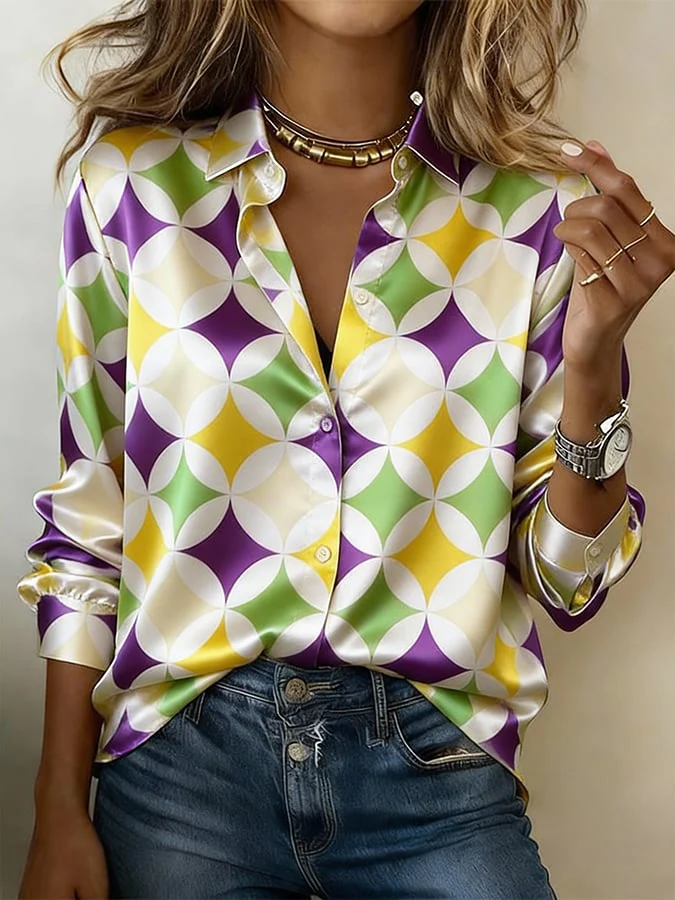 Women'S Casual Lapel Color-Block Printed Shirt