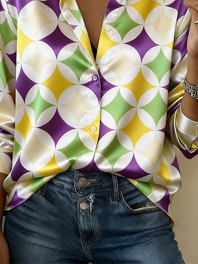 Women'S Casual Lapel Color-Block Printed Shirt - Image 3