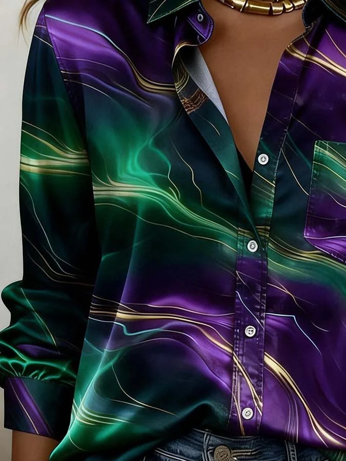 Women'S Casual Lapel Color-Block Printed Shirt - Image 3