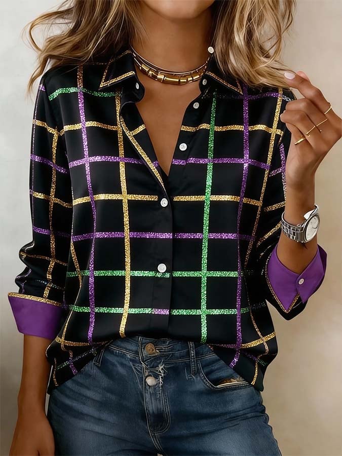 Women'S Casual Lapel Color-Block Printed Shirt