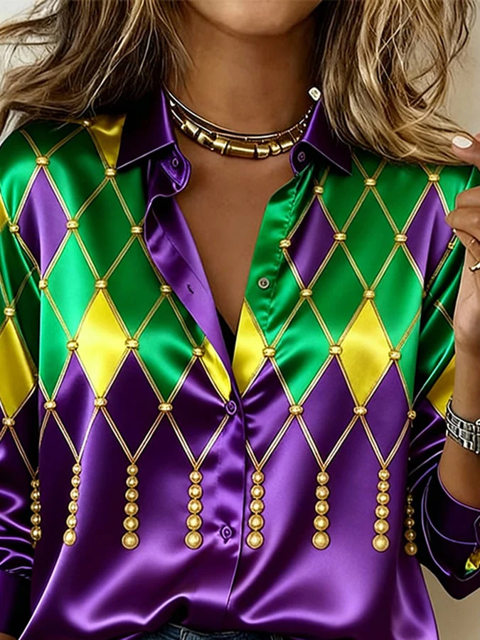 Women'S Casual Lapel Color-Block Printed Shirt - Image 2