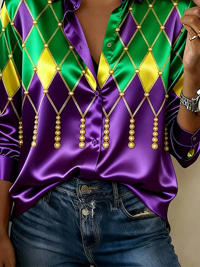 Women'S Casual Lapel Color-Block Printed Shirt - Image 3