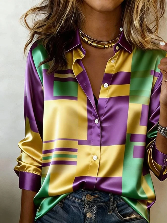 Women'S Casual Lapel Color-Block Printed Shirt - Image 2