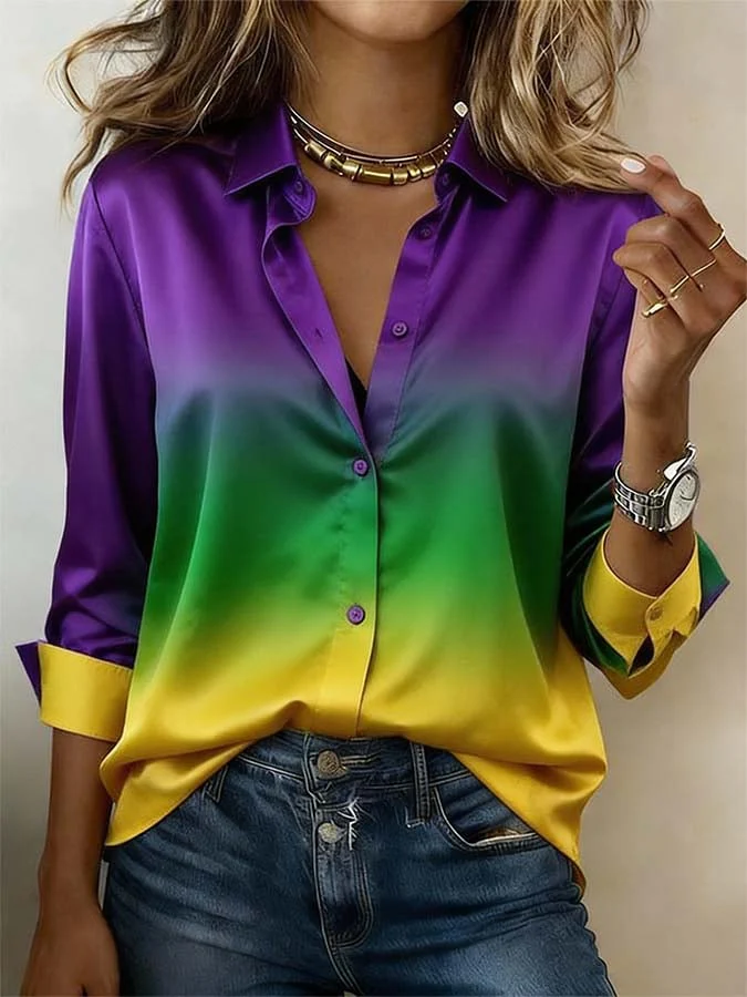 Women'S Casual Lapel Color-Block Printed Shirt