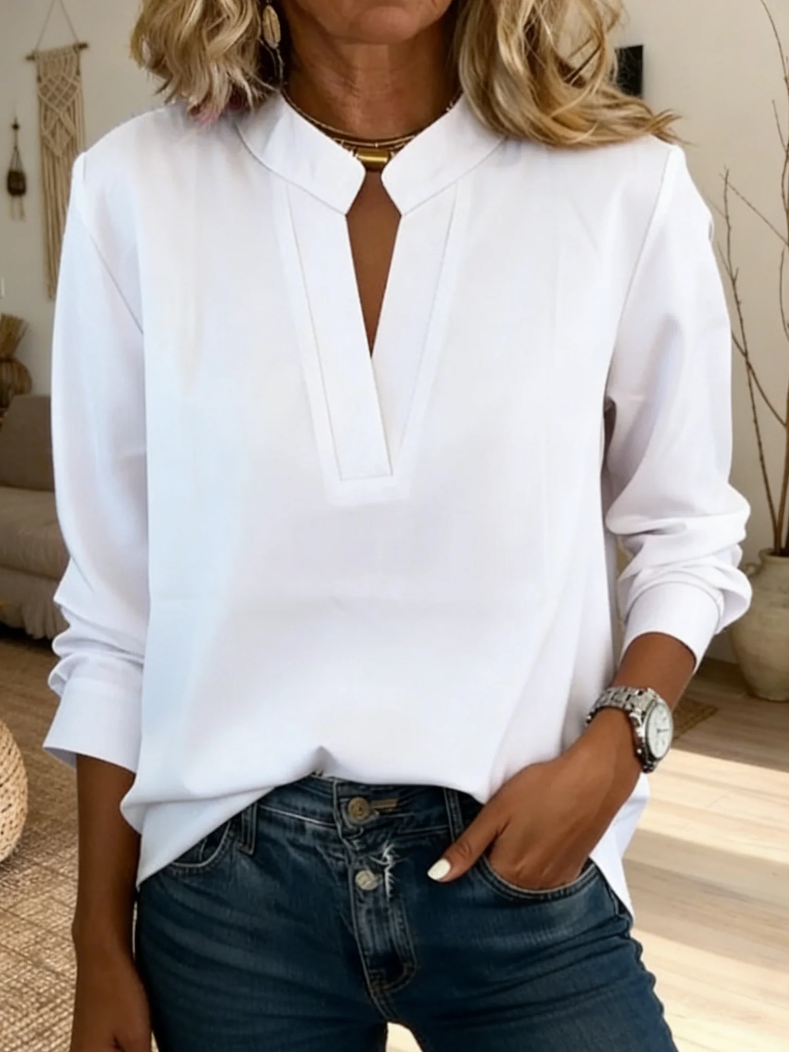 Women's Casual Long-sleeved Stand Collar Cotton Linen Shirt