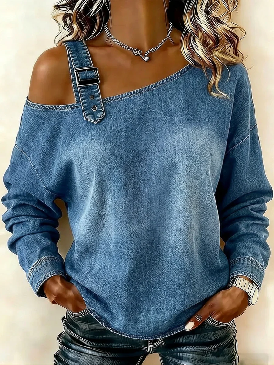 Women's Casual Long-Sleeved Washed Cotton Denim Top