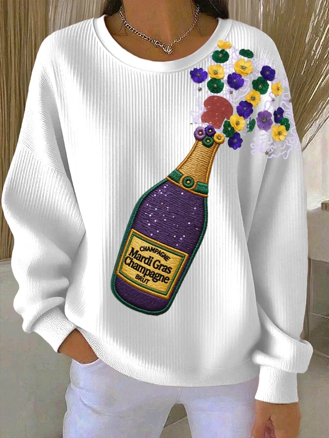 Women's Casual Mardi Gras Champagne and Flowers Print Long Sleeve Knit Top - Image 2