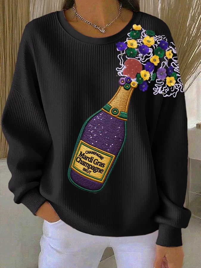 Women's Casual Mardi Gras Champagne and Flowers Print Long Sleeve Knit Top - Image 3