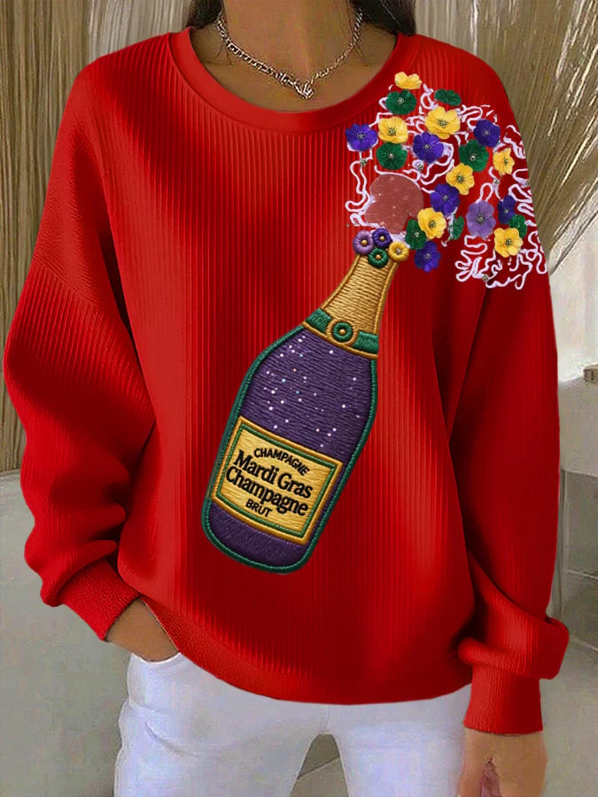 Women's Casual Mardi Gras Champagne and Flowers Print Long Sleeve Knit Top - Image 4