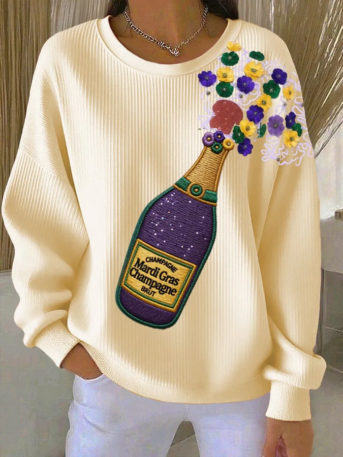 Women's Casual Mardi Gras Champagne and Flowers Print Long Sleeve Knit Top - Image 7