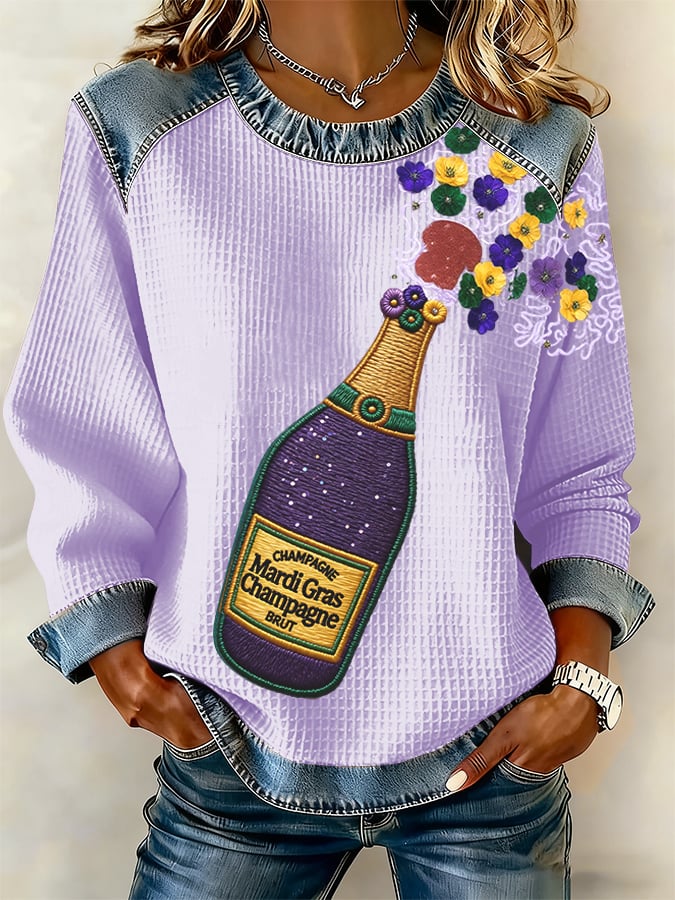 Women's Casual Mardi Gras Champagne and Flowers Waffle Pattern Sweatshirt