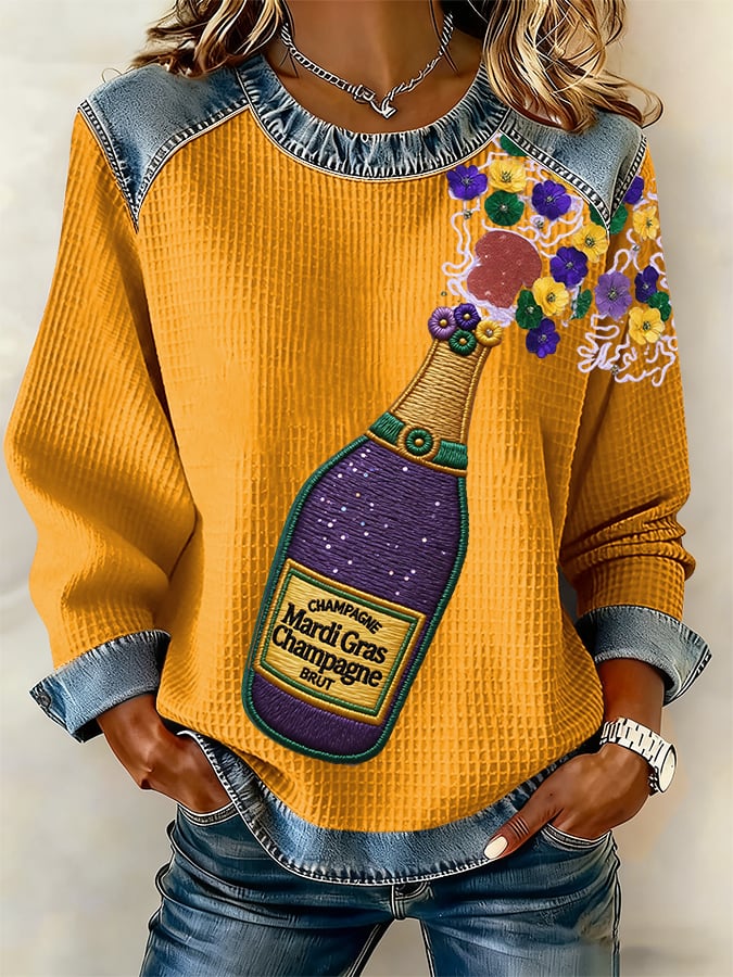 Women's Casual Mardi Gras Champagne and Flowers Waffle Pattern Sweatshirt - Image 2