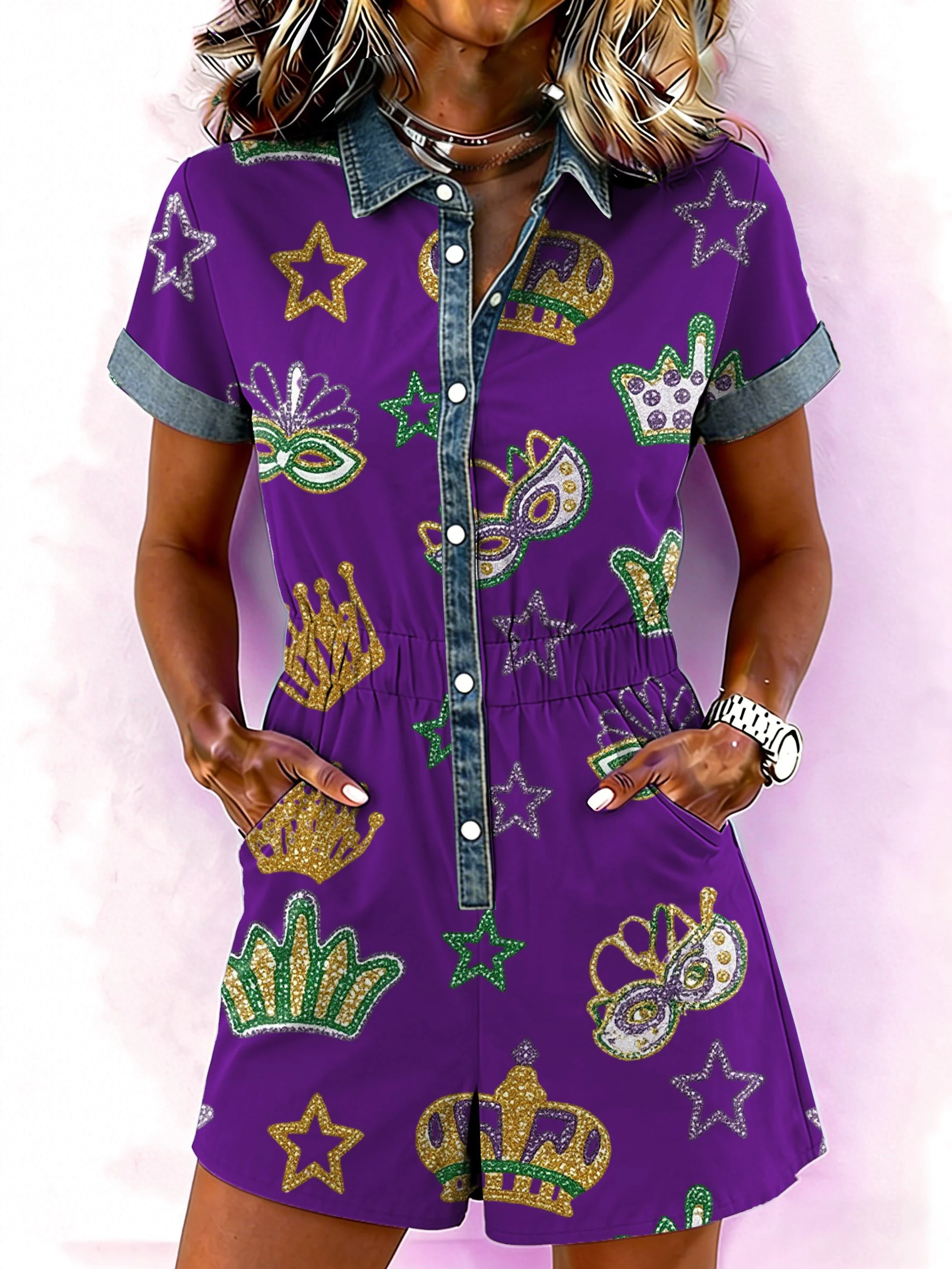 Women's casual Mardi Gras crown print jumpsuit - Image 2