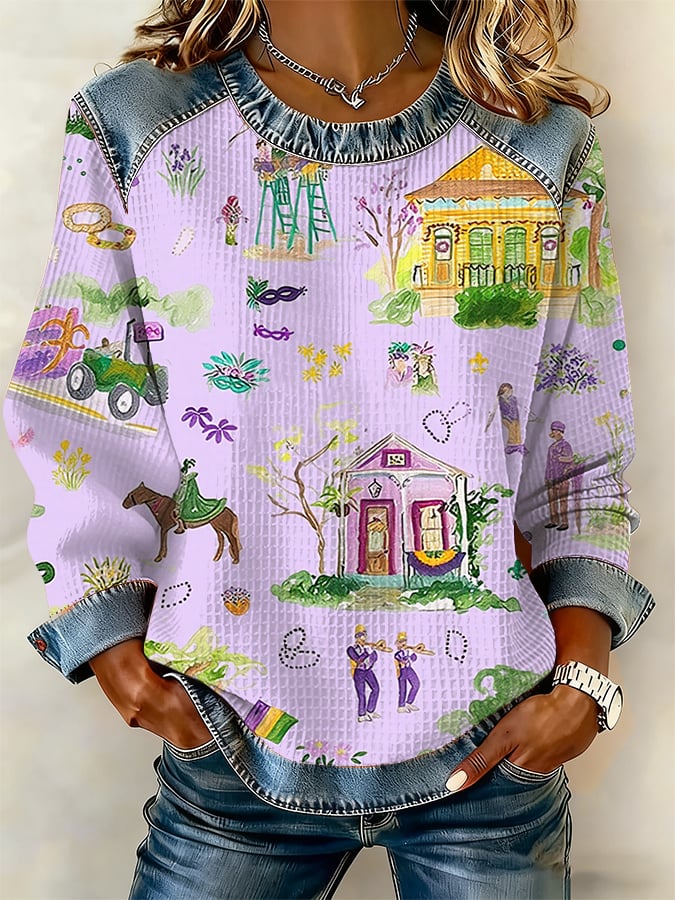 Women's casual Mardi Gras dog waffle-knit sweatshirt