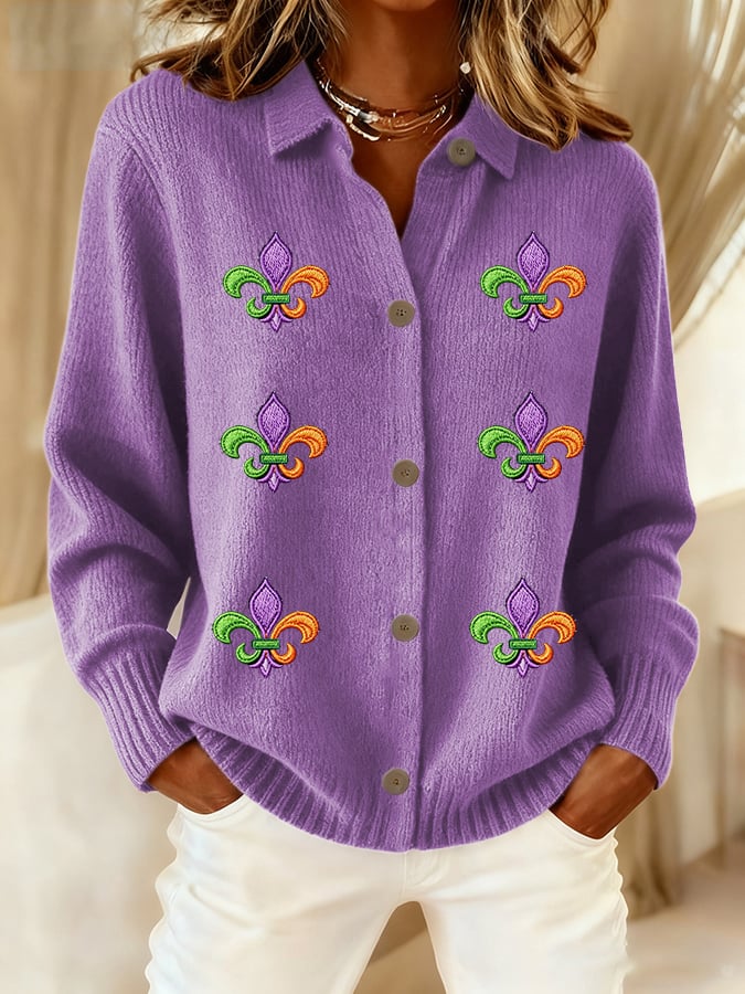 Women's Casual Mardi Gras Print Knitted Cardigan